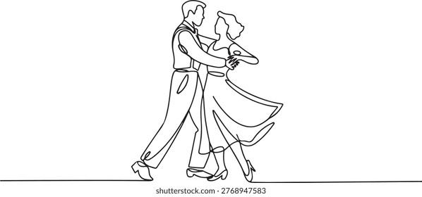 Continuous one line drawing man and woman in retro vintage clothes dancing lindy hop and holding hands. Performance full of dedication. one line Icon drawing
