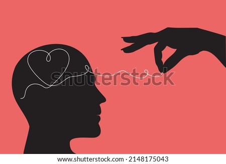 Continuous one line drawing of man  head with a heart inside and a woman's hand that manipulates his feelings, his love. Vector illustration 