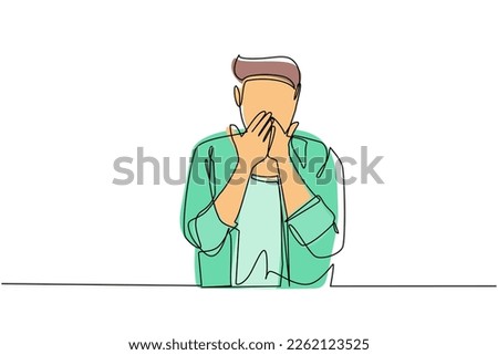 Continuous one line drawing man covering mouth with hands. Male mouth with hand shocked with shame for mistake, expression of fear, scared in silence, secret concept. Single line draw design vector
