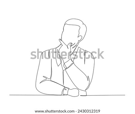 Continuous one line drawing of a man thinking with put her finger in the chin. Bunisness man thinking single outline vector illustration. Editable stroke.