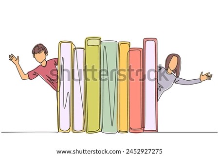 Continuous one line drawing man woman appears from behind a row of books. Invitation to read books at the library. Like to reading a book. Book festival concept. Single line draw vector illustration