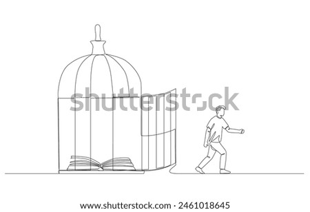 Continuous one line drawing of man walking out of cage with opened book inside, learning beyond book concept, single line art.