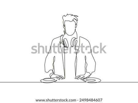 Continuous One Line Drawing of Man DJ. Single Line Art of DJ Working. Vector Illustration