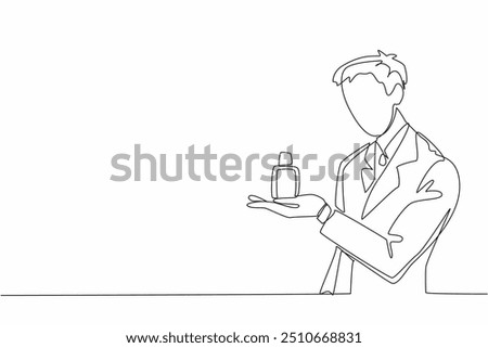 Continuous one line drawing man in suit puts perfume bottle on palm of hand. Aroma of masculinity so strong. Increasing stability. National Fragrance Day. Single line draw design vector illustration
