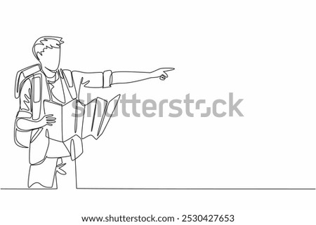 Continuous one line drawing a man with backpack holding map while pointing. Read road directions and adjust to map. Accuracy. National Read a Road Map Day. Single line draw design vector illustration