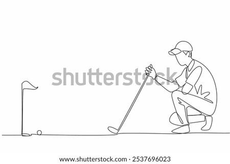 Continuous one line drawing man kneeling hold golf club watching golf ball. Measure angle for and distance to field ball. The amateur like a professional. Single line draw design vector illustration