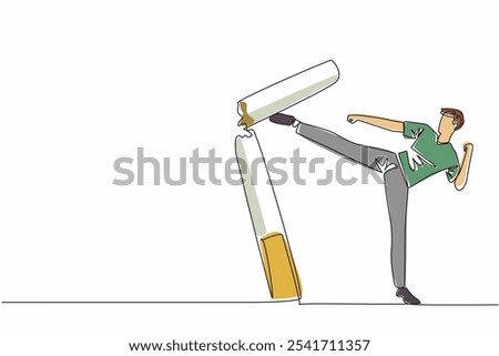 Continuous one line drawing man kicks big cigarette stick until it breaks. Professional athlete who loves healthy living. No cigarette smoke in daily life. Single line draw design vector illustration