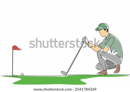 Continuous one line drawing man kneeling hold golf club watching golf ball. Measure angle for and distance to field ball. The amateur like a professional. Single line draw design vector illustration