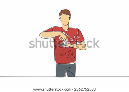 Continuous one line drawing a man in casual clothes making a hand gesture. Stand then walk symbol. Communication code. National American Sign Language Day. Single line draw design vector illustration