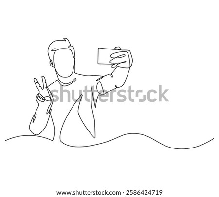 Continuous one line drawing of Man selfie with smartphone. Single line drawing illustration of man self photo. Influencer of social media concept vector art. Doodle line illustration.
