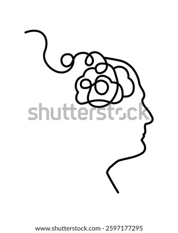 Continuous one line drawing of man profile head with messy thread as a symbol of mental disorder. Editable stroke.