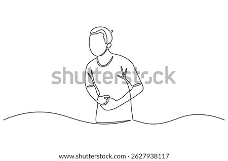 Continuous one line drawing of Man touching his stomach pain. Single line drawing illustration of Man is hungry or Stomach problem. Stomach ache concept vector art. Doodle line illustration.