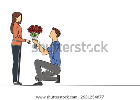 Continuous one line drawing a man kneeling while giving a bouquet of flowers to a woman. The long awaited moment. True love. Bring Flowers To Someone Day. Single line draw design vector illustration