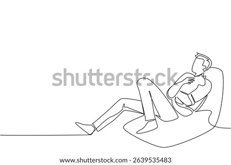 Continuous one line drawing a man in casual clothes sits on a sofa on the floor hugging a cat. Joke. Play. Relax. Happiness. International Hug Your Cat Day. Single line draw design vector illustration
