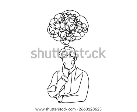 Continuous one line drawing of a man with confused feelings worried about bad mental health. Problems, stress, sad and depression concept in doodle style. Hand drawn one line vector. Editable stroke	