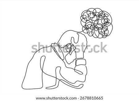 Continuous one line drawing man in depression, stressed, headache and despair. Single line art illustration of confusing and stressed person. Hand drawn one line vector. Editable stroke	