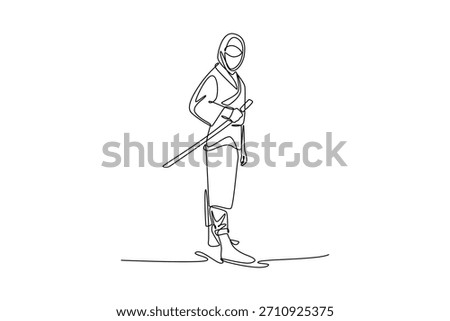 Continuous one line drawing man ninja standing in poised stance, holding katana sword behind his back, illustrating stealth and focused readiness. Single line draw design vector graphic illustration