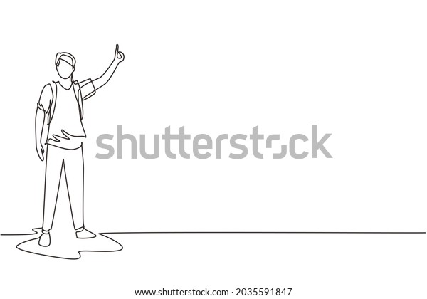 Continuous one line drawing man with a big\
backpack stopped a ride by thumbing. Hitchhiking road travel. Boy\
with backpack traveling by auto stop. Single line draw design\
vector graphic\
illustration