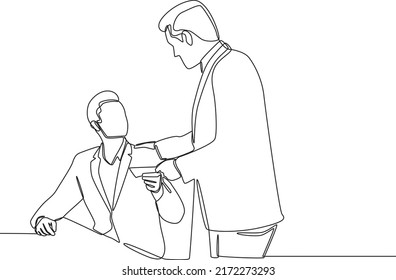 Continuous one line drawing Manager giving worker envelope salary at workplace. Salary concept. Single line draw design vector graphic illustration.