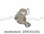 Continuous one line drawing the manatee swimming with lots of air bubbles. Fun while preserving the marine ecosystem. Sea cow. Manatee Appreciation Day. Single line draw design vector illustration