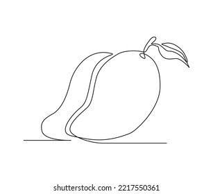 Continuous one line drawing of mango fruit with leaf. Mango fruit hand drawn single line art vector illustration.