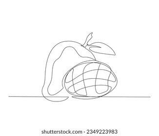 Dibujo continuo de una línea de mango. Los mangos de agua enteras y en rodajas esbozan la ilustración vectorial.  