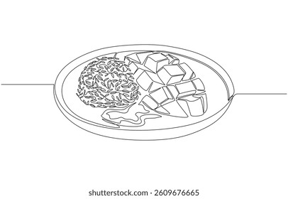 Continuous one line drawing of mango sticky rice on plate, national dessert concept, single line art