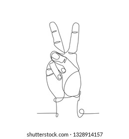 Continuous one line drawing. Man's hand shows victory. Linear style