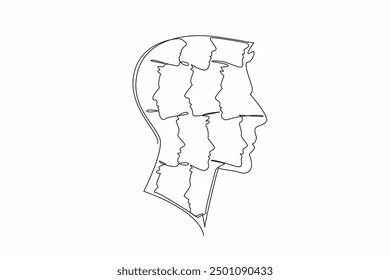 Continuous one line drawing a man's head, in there are many small heads. Forming pattern. Dissociative identity disorder. Mental. Multiple Personality Day. Single line draw design vector illustration