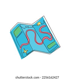 Continuous one line drawing map for traveling in doodle style. Folded paper map with a route. Map for camping, hiking, local tourism. Route on map. Single line draw design vector graphic illustration