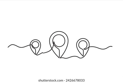 Continuous one line drawing of map location pointers. Map pin or navigation pointer with single line route or way. Vector illustration.