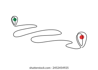 Kontinuierliche einzeilige Zeichnung der Kartenansicht im Stadtgebiet. Einfache Stifte auf dem Weg zwischen zwei Punkten in dünnen linearen Stil. GPS-Navigation und Reisekonzept.