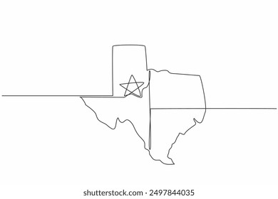 Continuous one line drawing map of Texas. Depiction of territorial extent of the state of Texas. Has nickname The Lone Star State. Texas Independence Day. Single line draw design vector illustration