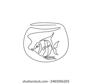 Continuous one line drawing of marine ray-finned fish in the fishtank. Fish in fishtank outline vector illustration. Editable stroke.