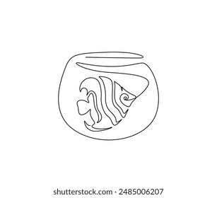 Continuous one line drawing of marine ray-finned fish in the fishtank. Fish in fishtank outline vector illustration. Editable stroke.