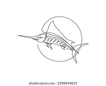 Continuous one line drawing of marlin fish. Simple illustration of marlin fish jumping line art vector illustration