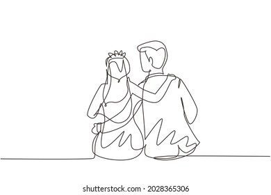 Kontinuierlich eine Linie zeichnen Ehepaar verliebt. Mann umarmt seine Partnerin mit Hochzeitskleid. Intimität feiert Hochzeitstag. Vektorgrafik-Illustration mit Einzelzeilenzeichnung