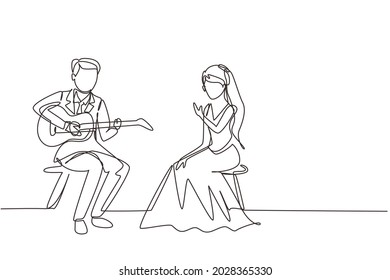 Continuous one line drawing married couple with wedding dress sitting on chair. Man playing music on guitar, girl listen and singing together at wedding party. Single line draw design vector graphic