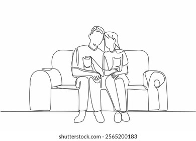 Continuous one line drawing a married couple sitting on the sofa while each holding a cat. Warmth of family. The favorite cat. National Pet Parents Day. Single line draw design vector illustration