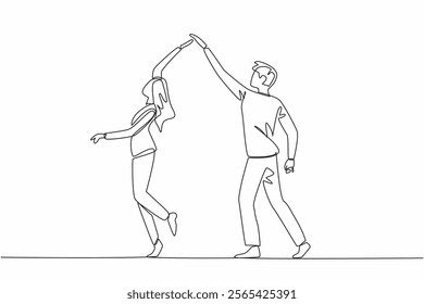 Continuous one line drawing married couple dancing on dancefloor. Hold hands, making gentle turns. Romantic atmosphere adds warmth. International Dance Day. Single line draw design vector illustration