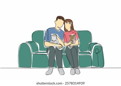 Continuous one line drawing a married couple sitting on the sofa while each holding a cat. Warmth of family. The favorite cat. National Pet Parents Day. Single line draw design vector illustration