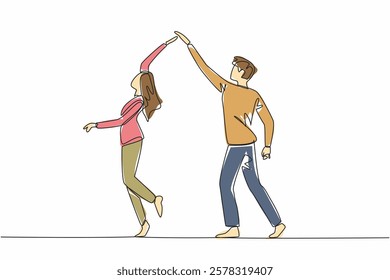 Continuous one line drawing married couple dancing on dancefloor. Hold hands, making gentle turns. Romantic atmosphere adds warmth. International Dance Day. Single line draw design vector illustration