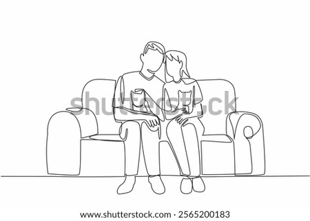 Continuous one line drawing a married couple sitting on the sofa while each holding a cat. Warmth of family. The favorite cat. National Pet Parents Day. Single line draw design vector illustration