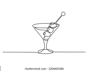 Continuous one line drawing. Martini with olives. Vector illustration