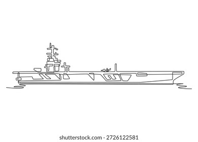 Uma linha contínua desenhando um enorme porta-aviões naval. Longo convés de voo, superestrutura da ilha, um pequeno jato preparado para lançamento em mar aberto. Ilustração gráfica vetorial de design de desenho de linha única