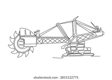 Continuous one line drawing massive industrial bucket wheel reclaimer machine used for heavy-duty material handling in open-pit mining operations. Single line draw design vector graphic illustration