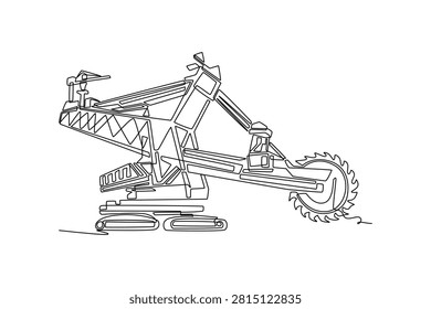 Continuous one line drawing massive bucket wheel excavator mining machine. Large rotating cutting wheel, crawler tracks used in open-pit operations. Single line draw design vector graphic illustration