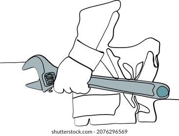 Continuous one line drawing of master's hand holds a wrench. Auto service. Minimal outline concept