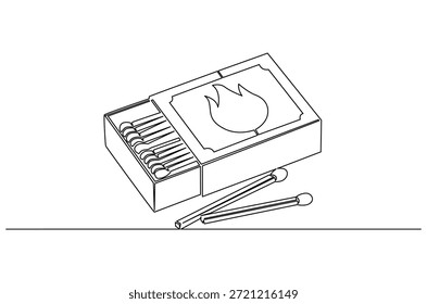 Desenho contínuo de uma linha de Correspondências na caixa com queimadura lenta. Ilustração de desenho de linha única de caixa de fósforos antiga semiaberta com uma pilha de correspondências. vintage fogo início conceito vetor arte.