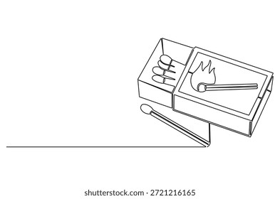 Continuous one line drawing of Matches in box with slow burn. Single line drawing illustration of Old half-open matchbox with a stack of matches. vintage fire starter concept vector art. Doodle line illustration.